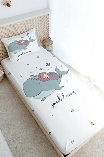 Tuğba Kuğu Single Fitted Sheet Set - Pure Baby Series - Whale and Child