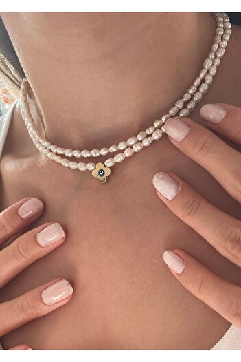By Saadet Özkanlı Kadın Gerçek Kum Arpa Inci Kolye Choker Ve Yonca Detaylı Inci Kolye Seti