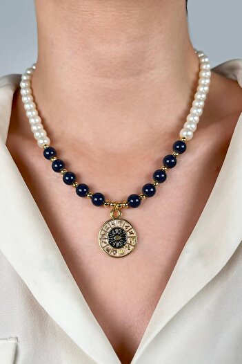 Sose Moda Smoked Zodiac Medallion End Pearl and Bead Necklace