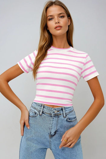 VAGGON Women's Pink Crew Neck Half Sleeve Striped Crop Blouse Prmx13348
