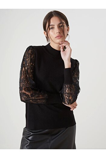 LC Waikiki Lcwaikiki Classic Black Half Turtleneck Lace Detailed Women's Knitwear Sweater