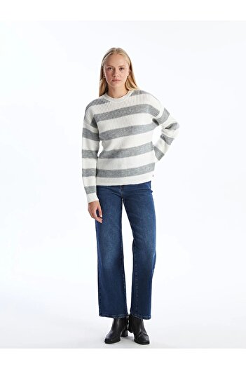 LC Waikiki Lcw Comfort Gray Crew Neck Color Block Women's Knitwear Sweater