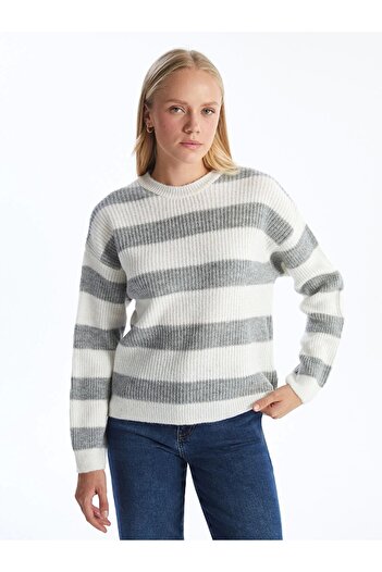 LC Waikiki Lcw Comfort Gray Crew Neck Color Block Women's Knitwear Sweater