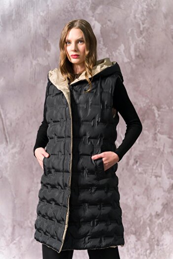 Olcay Hooded Double-Sided Patterned Puffer Vest Black-stone 8208