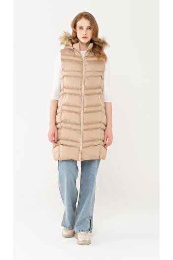 Olcay Furry Removable Hooded Inflatable Vest Stone 8192