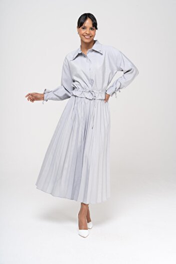 Olcay Blouse Lace Detailed Elastic Waist Pleated Skirt Suit GRAY 9223-TK