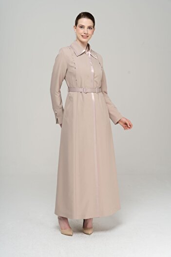 Olcay Shirt Collar Satin and Accessory Detailed Lined Top Coat BEIGE 6562