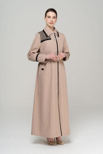 Olcay Large Size Lined Long Trench Coat with Shirt Collar Garni and Mesh Detail MINK 4296