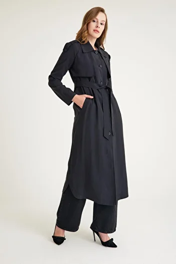 Olcay Cloak and Epaulette Detailed Unlined Loose Long Trench Coat BLACK 6602