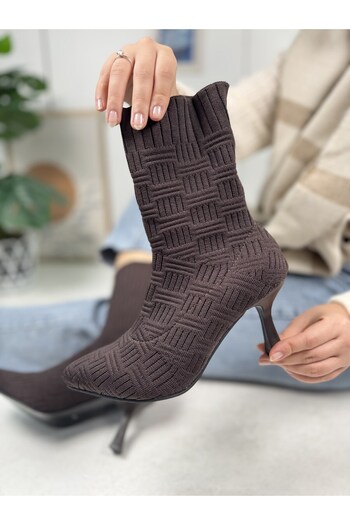 İmerShoes Daily Women's Beige Boots High Thin Heels Knitwear Flexible Pointed Toe Serrated Sole Comfortable Bootie 170