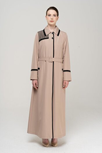Olcay Large Size Lined Long Trench Coat with Shirt Collar Garni and Mesh Detail MINK 4296