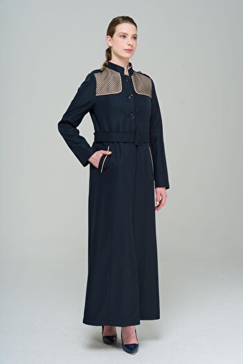 Olcay Judge Collar Epaulet and Mesh Detailed Lined Long Trench Coat NAVY BLUE 4294