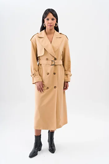 Olcay Comfortable Fit Double Breasted Water Repellent Featured Unlined Trench Coat KAMEL 6542