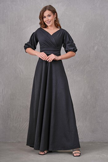 bayansepeti Black Women's Scuba Crepe Fabric Double Breasted Collar 3/4 Sleeve Detail Maxi Dress 582983