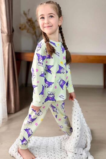 Riccotarz Girl's Kuromi Character Printed Light Green Pajamas Set