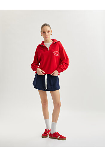 Koton Half Zipper Ribbed Oversize Stand Collar College Printed Sweatshirt