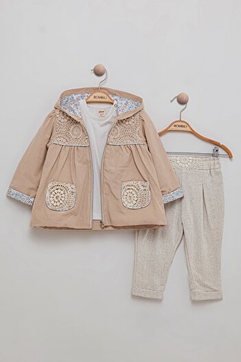 Bombili Lace Detailed 3-Piece Baby Girl Set with Hood and Elastic Waist
