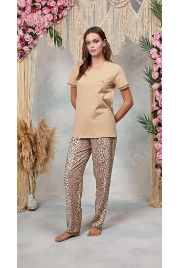 Doreanse Women's Powder Leopard Print Lace Detail T-Shirt Pajamas Set 25Y4062