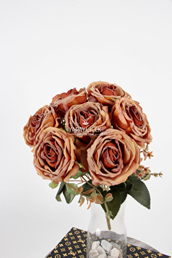 Yapay Çiçek Deposu Artificial Lux 7Pcs Dry Rose Bouquet 40 cm Brown