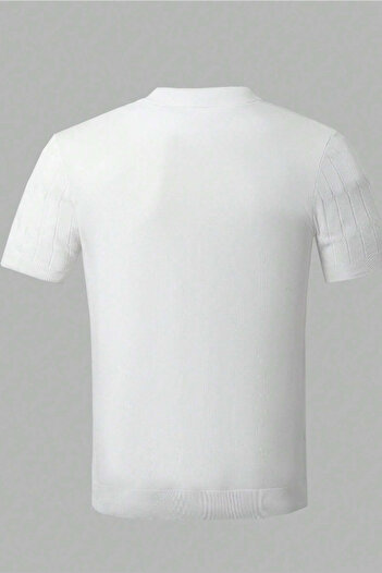 Tarz Cool Ανδρικό Λευκό Λεπτό Πλεκτό Τ-shirt με Σλιμ Φιτ και Πόλο Γιακά.