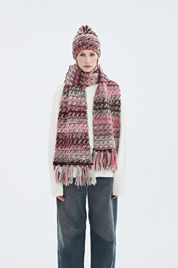 Nordbron Raspberry Women - Stripe Detailed Knitwear Sweater, Scarf on the Shoulder, Thick Soft Cherly