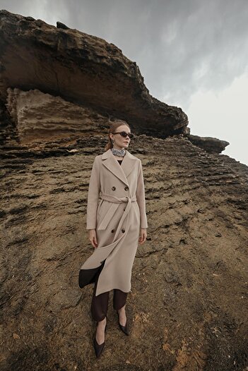 Olcay BEIGE Double Breasted Coat 3055 - Exclusive with Point Detail