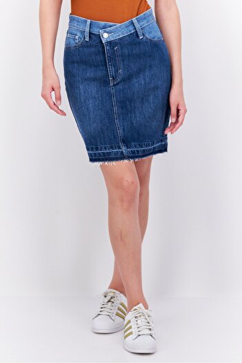 Esprit Women Solid Denim Mini Skirt, Wash Blue