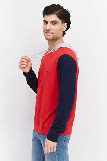 Perry Ellis Men Hooded Embroidered Logo Sweatshirt, Red Combo
