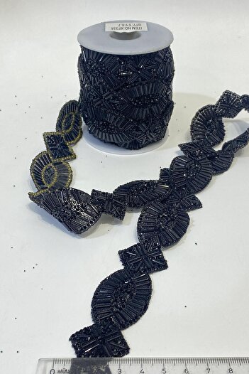 Hayalperest boncuk Black Oval Stripe with Stones and Beads - Iron-On Accessory