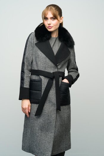 Olcay Plaid Pattern - Removable Shearling Quilted Coat, Black 3993-Tk