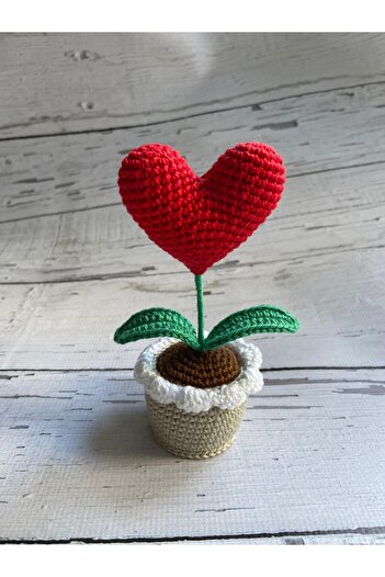 Kukaoyuncak Valentine's Day Knitted Heart Flower in a Pot, Amigurumi Heart 12cm