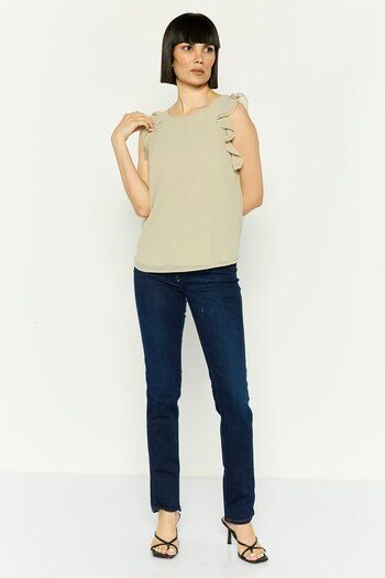 Esprit Women Round Neck Ruffle Sleeve Plain Top, Mint Grey