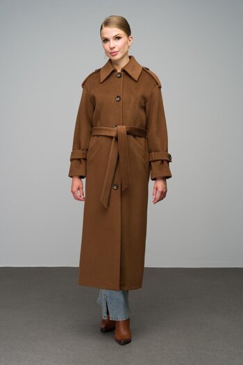 Olcay Shirt Collar Epaulette Detailed Oversize Long Coat Tobacco 3064