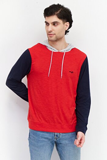 Perry Ellis Men Hooded Embroidered Logo Sweatshirt, Red Combo