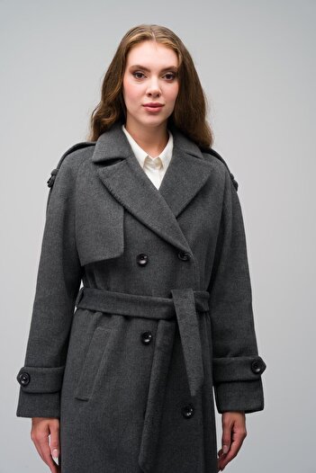 Olcay Double Breasted Coat - Epaulet and Cloak Detail, Raglan Sleeve, DARK GRAY 3045