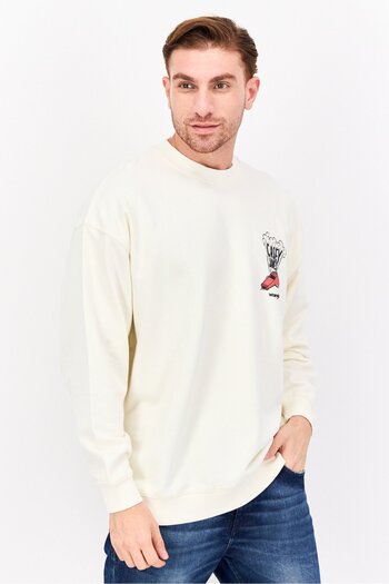 WRANGLER Men Crew Neck Long Sleeve Graphic Print Sweatshirt, White