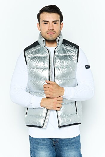 Hugo by Hugo Boss Men Mock Neck Brand Logo Puffer Vest Jacket, Silver