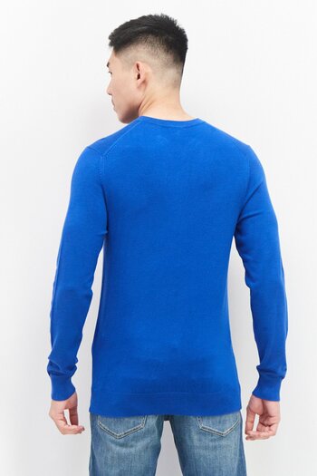 CELIO Men V Neck Long Sleeve Plain Sweaters, Blue