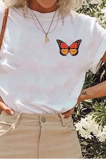 donamod Butterfly Printed Oversize Cotton Combed Fabric White Tshirt