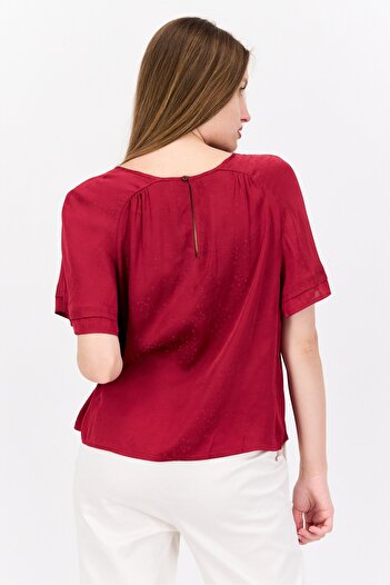 Scotch & Soda Women Crew Neck Short Sleeve Plain Blouse, Red