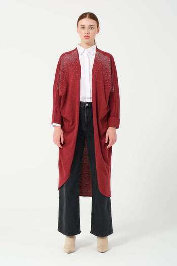 Hatun Atila Hatunatila 8555 Model Red Oversize Hera Poncho with Stone Detail