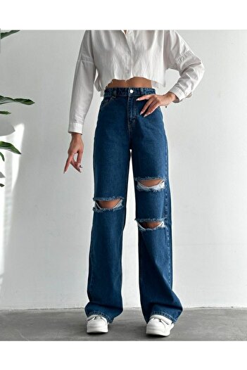 Trn JNS Dark Blue Criss Denim - Ripped, High Waist, Loose Leg Palazzo Pants