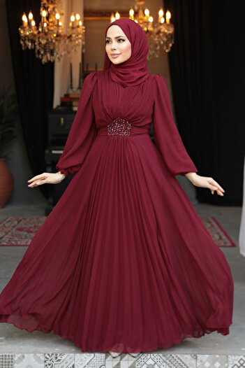 Neva Style Drape Detailed Burgundy Hijab Evening Dress 4448Br
