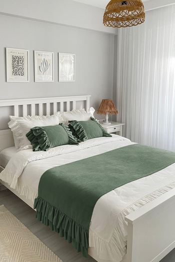 RİTMOHOME Bed Runner & Inner Filled Throw Pillow Set Double Size Ruffled Green, Dowry, Bedspread