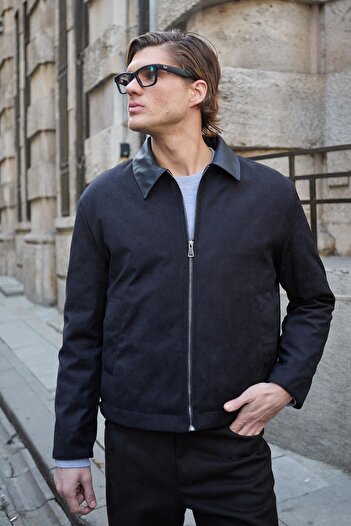 Danger Men's Leather Detailed Suede Black Jacket Coat