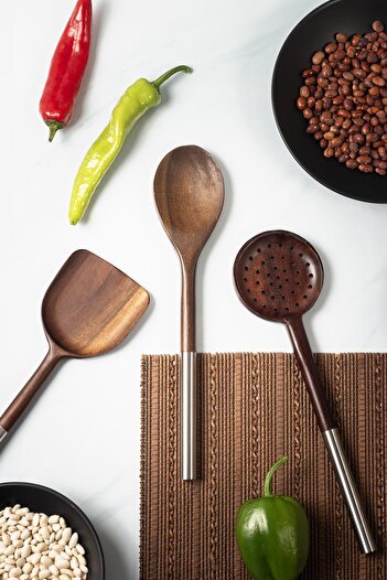 HSDemirci Akasya 3-Piece Serving Spoon & Serving Colander & Serving Spatula & Salad Serving Set