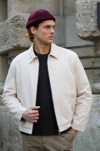 Danger Men's Leather Detailed Suede Ecru Jacket Coat