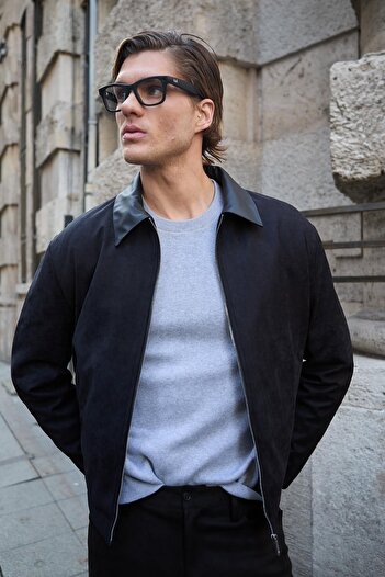 Danger Men's Leather Detailed Suede Black Jacket Coat