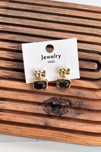 Berrin Silver Gold Enameled Stone Detailed Steel Earrings