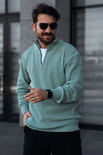 Black Sokak Men's Stand Collar Half Zipper Mint Green Knitwear Sweater